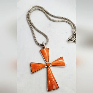 Necklace Elegant Sterling Silver Chain and Real Coral Cross In Vibrant Orange